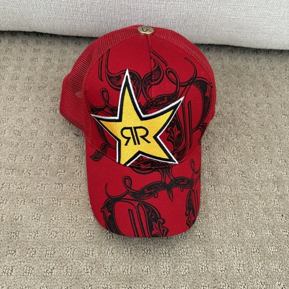 Vintage Y2K Rockstar Energy‎ Drink Trucker Hat Unisex Embroidered Large Logo